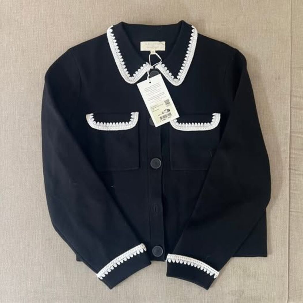 NWT Sezane Betty Cardigan Black Ecru Crochet Size M - Picture 2 of 7
